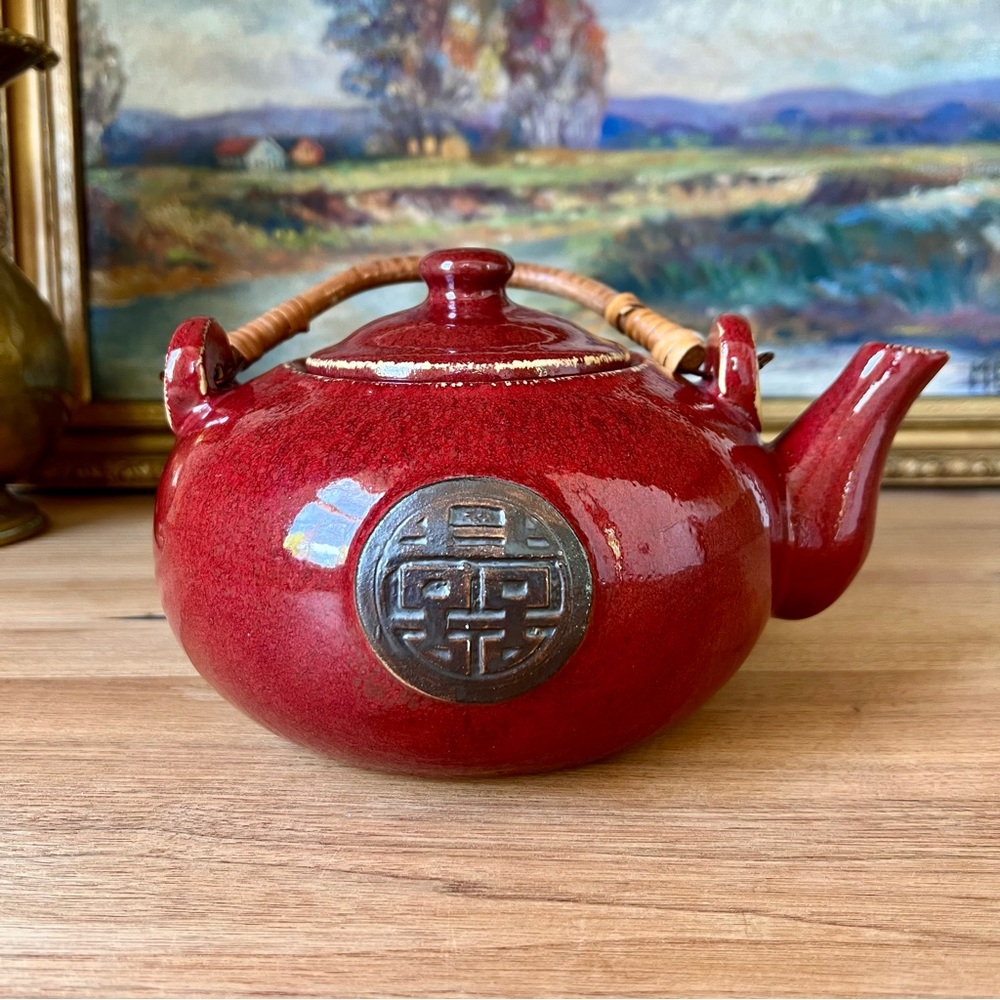 Red Chinese Teapot with Bamboo Handle with Happiness Symbol